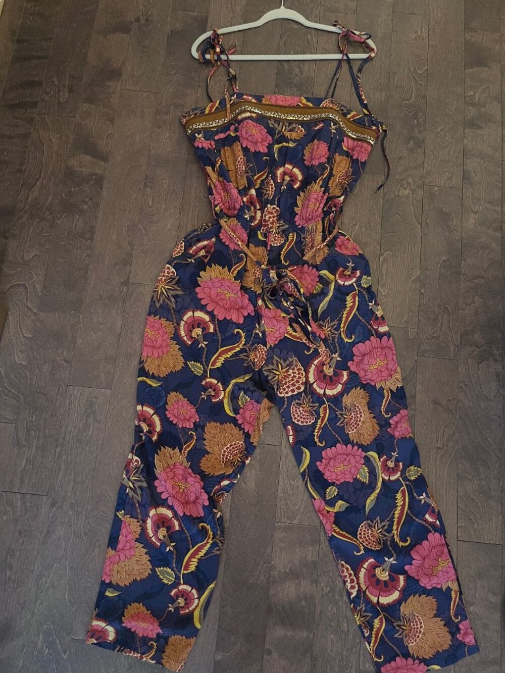 Jaase Womens Size Large Blue Floral Jumpsuit Sleeveless Cropped Boho Embroidere